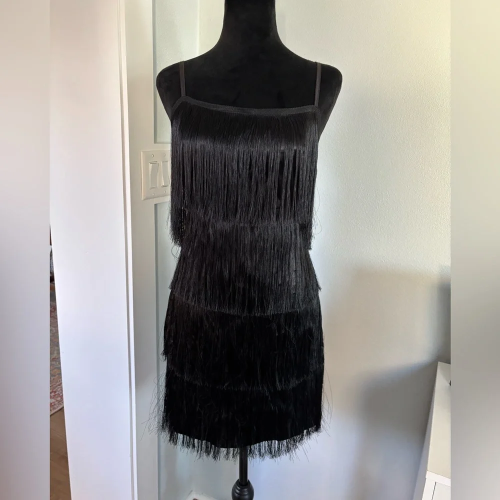 Black 20s flapper dress size XS fringe great gatsby style
